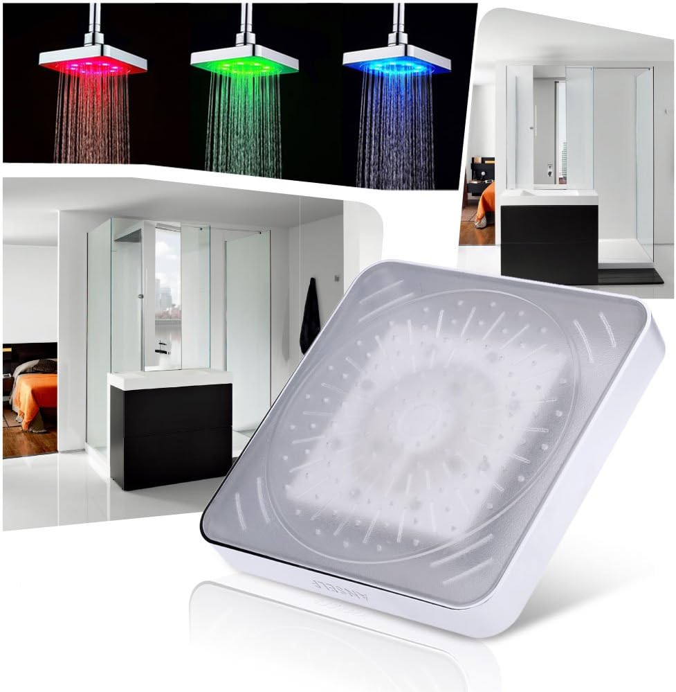 Shower Head 3 Colors Changing LED Showerhead Bathroom Rainfall Shower 6 Inch Square Temperature Control