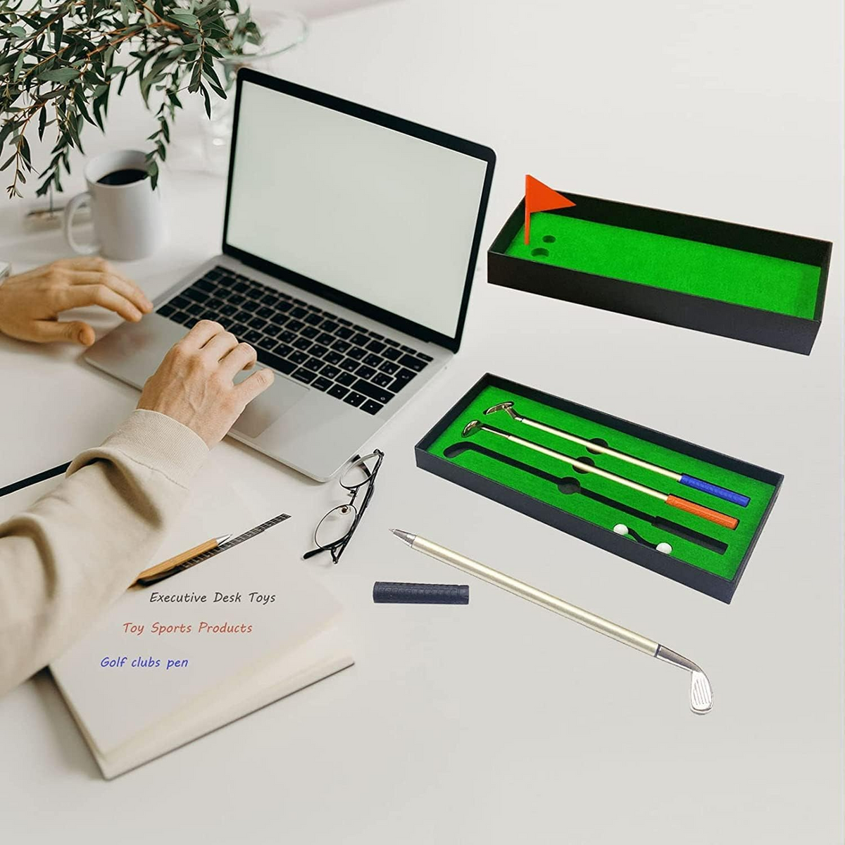 Golf Pen, Mini Golf Gift Set, Desktop Golf Ball Pen Gift, 3 Golf Clubs Pens with Balls and Flag