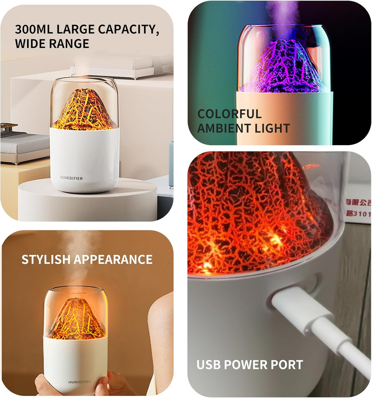 Mini Volcano Cool Mist Humidifier – 300ml Air Moisturizer with LED