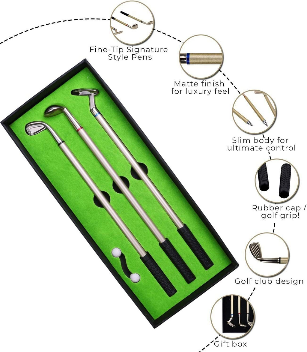 Golf Pen, Mini Golf Gift Set, Desktop Golf Ball Pen Gift, 3 Golf Clubs Pens with Balls and Flag