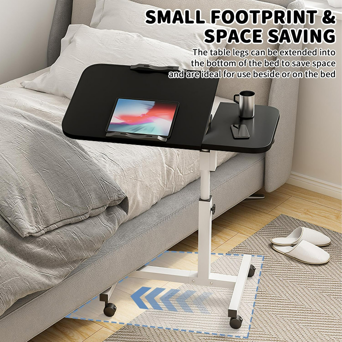 Height Adjustable Side Table with Wheels – Laptop Stand, Bed & Overbed Table for Living Room & Bedroom AS13