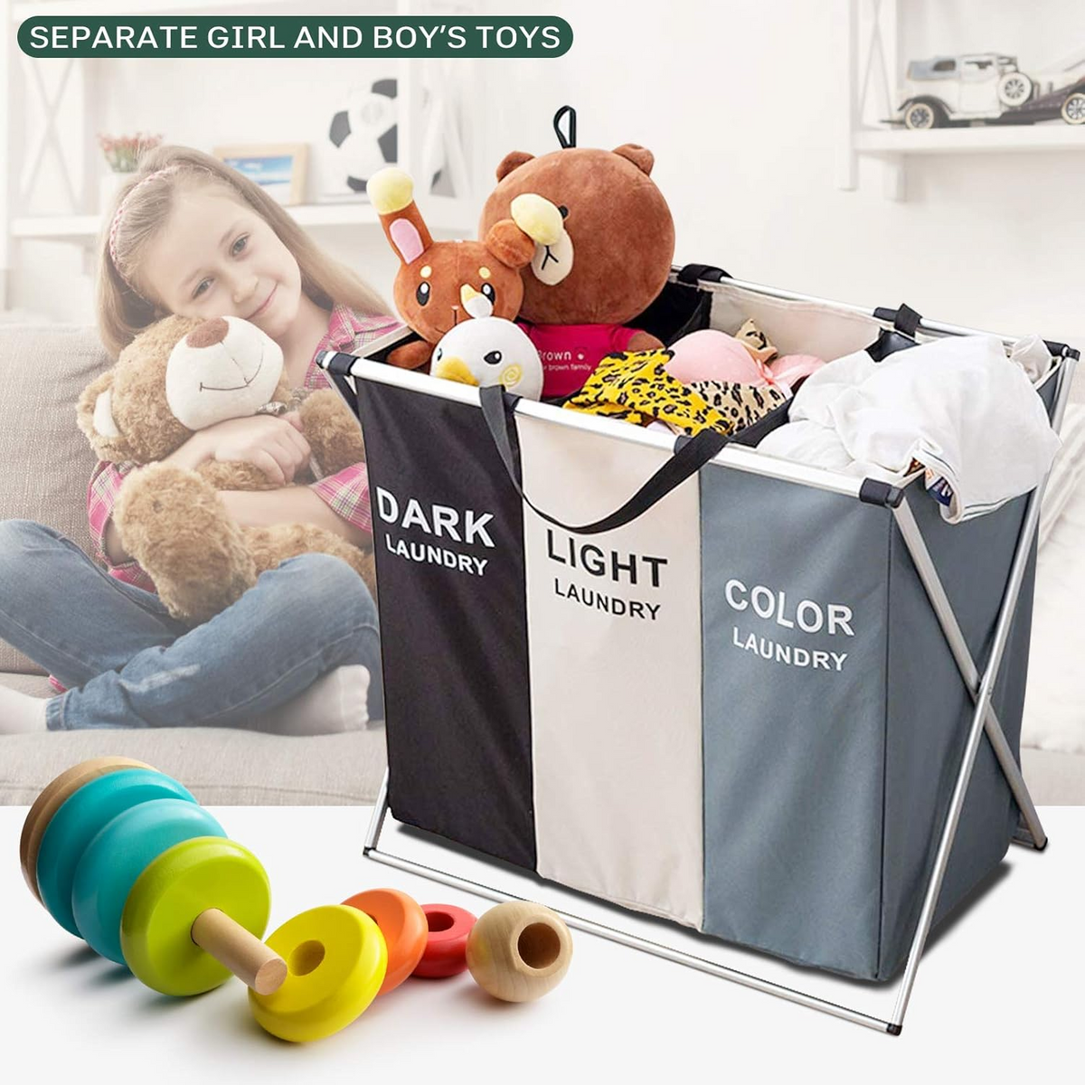3 Section Laundry Basket Printed Dark Light Color, Foldable Hamper/Sorter with Waterproof Oxford Bags and Aluminum Frame