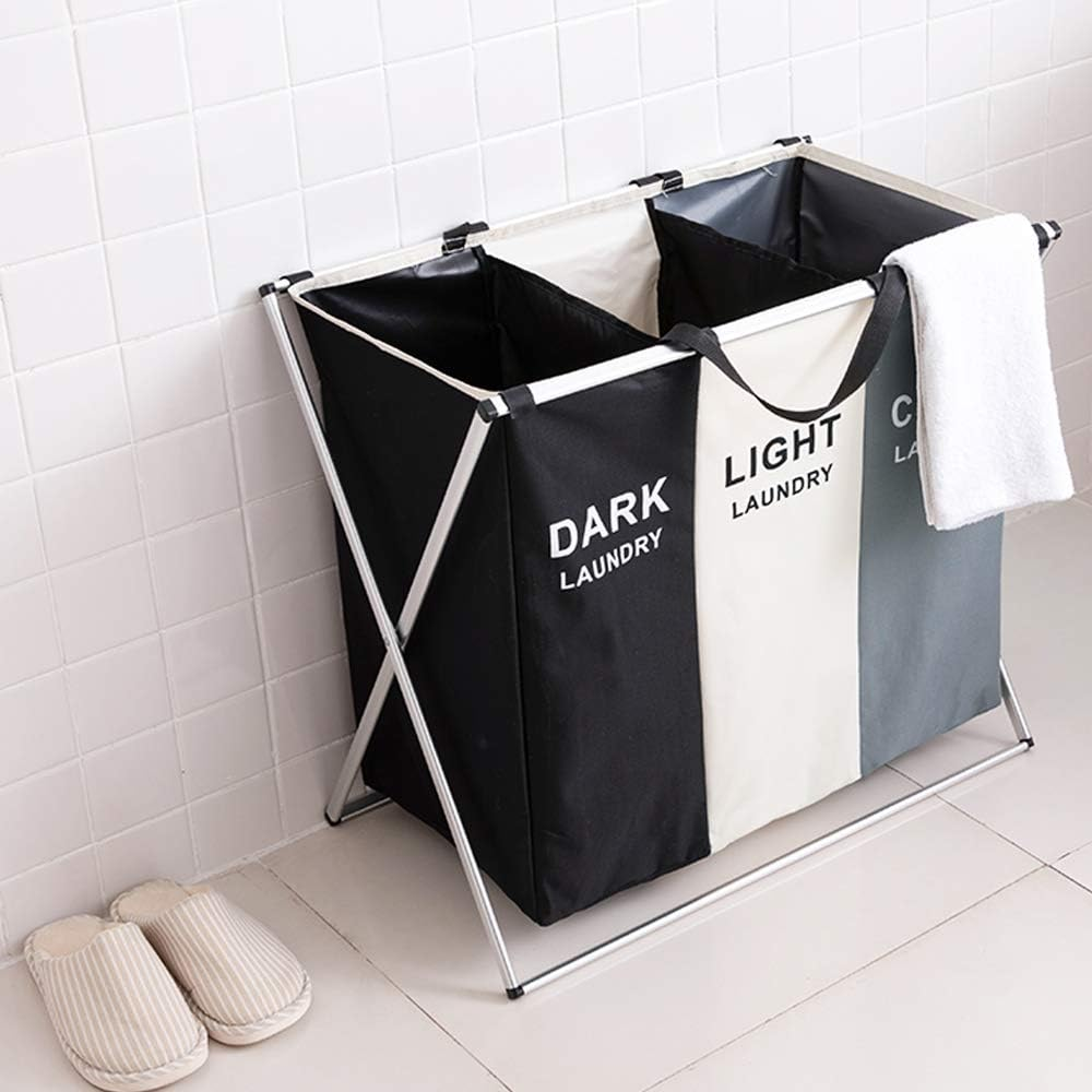 3 Section Laundry Basket Printed Dark Light Color, Foldable Hamper/Sorter with Waterproof Oxford Bags and Aluminum Frame