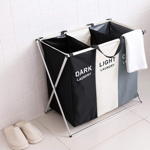 3 Section Laundry Basket Printed Dark Light Color, Foldable Hamper/Sorter with Waterproof Oxford Bags and Aluminum Frame